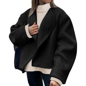 Women's BlackTankaneo Oversized Cropped Pea Coat Lapel Open Front Winter Jacket
